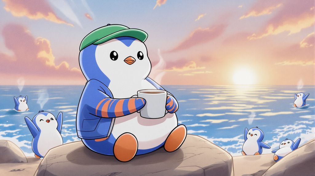 penguin with tiger-striped red skin on his wings, face, and head. He wears a bright blue jacket around his torso and a green visor tilted forward on his head. He is holding a steaming cup of coffee, sitting on a rock by a sparkling sea. Behind him, a bright sunrise in shades of orange and pink, with gentle waves and a few other penguins stretching or cheerfully waving. The vibe is energetic, friendly, and full of good vibes.