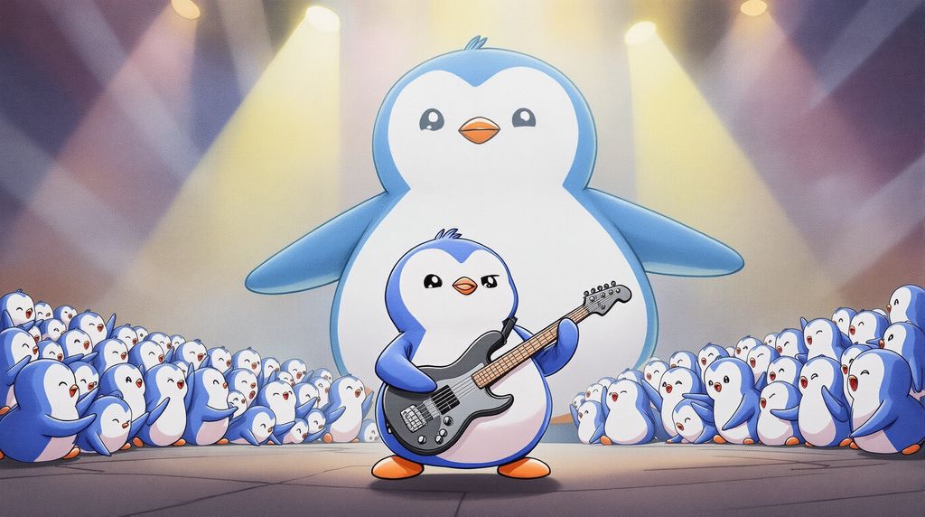 pengu rock star in front of pengu huddle