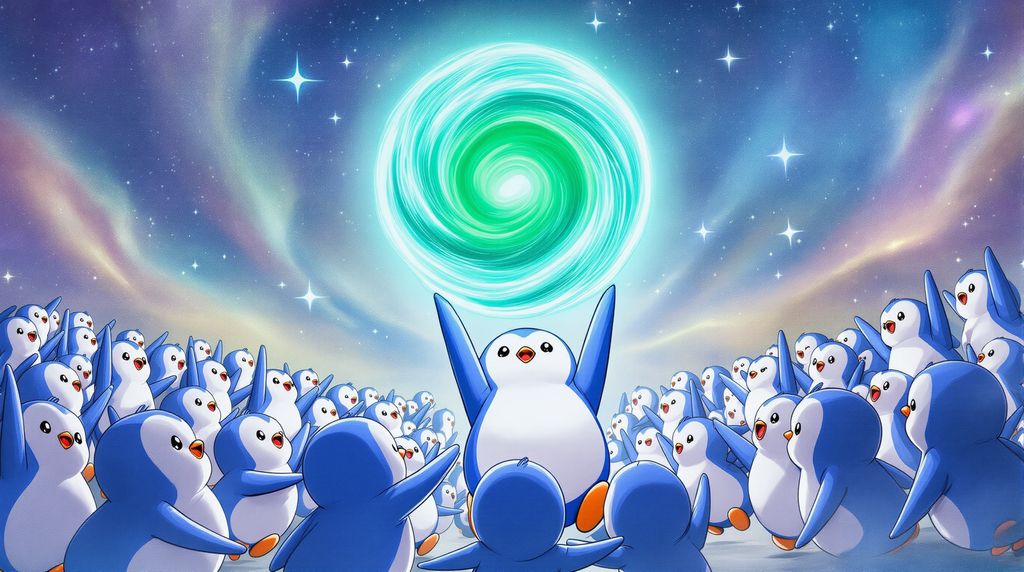 abstract the mother of all layer 2 blockchains being hoisted up by hundreds of pudgys, make sure abstract has its green godly glow whilst the penguins look happy and are cheering