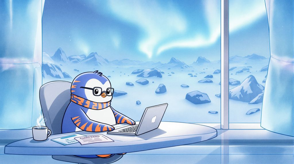 A sleek, modern illustration of a focused penguin with tiger-striped red skin working diligently at a desk, typing on a laptop. He’s on the top floor of an ice-crafted skyscraper, surrounded by shimmering translucent walls. A massive floor-to-ceiling window reveals a breathtaking view of a snowy, icy landscape below, with jagged glaciers and a pale blue sky streaked with hints of aurora borealis. The penguin wears a tiny scarf and glasses, exuding concentration, while papers and a steaming mug sit beside him.