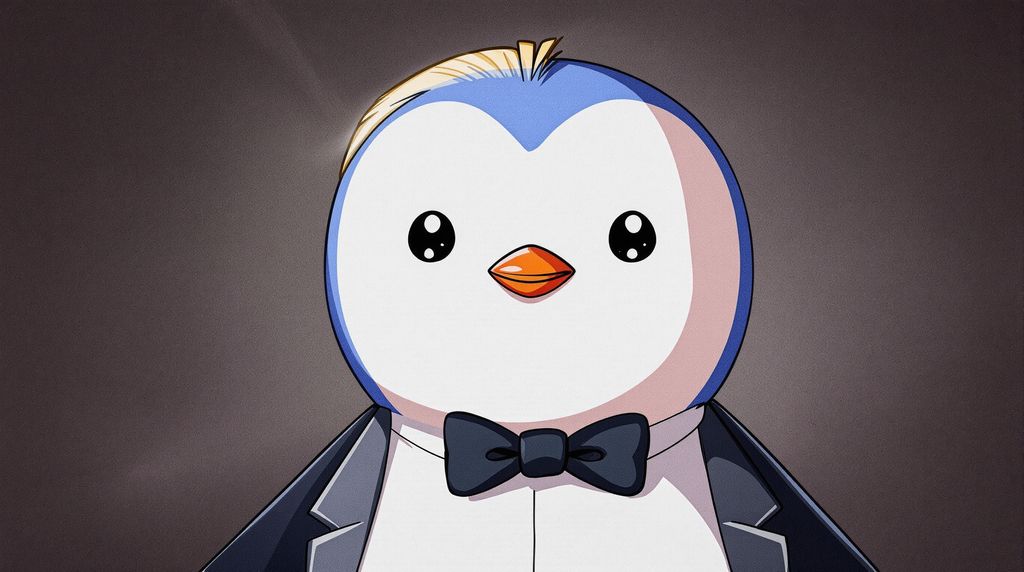 A highly detailed close-up portrait of a penguin with dark red skin and slicked-back blonde hair. He is wearing a black suit, a crisp white shirt, and a black bowtie, smiling confidently at the camera.