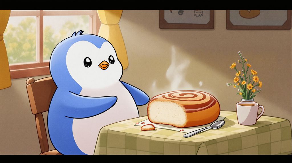 a pudgy penguin eatting a cinnamon roll with coffee on a table next to them