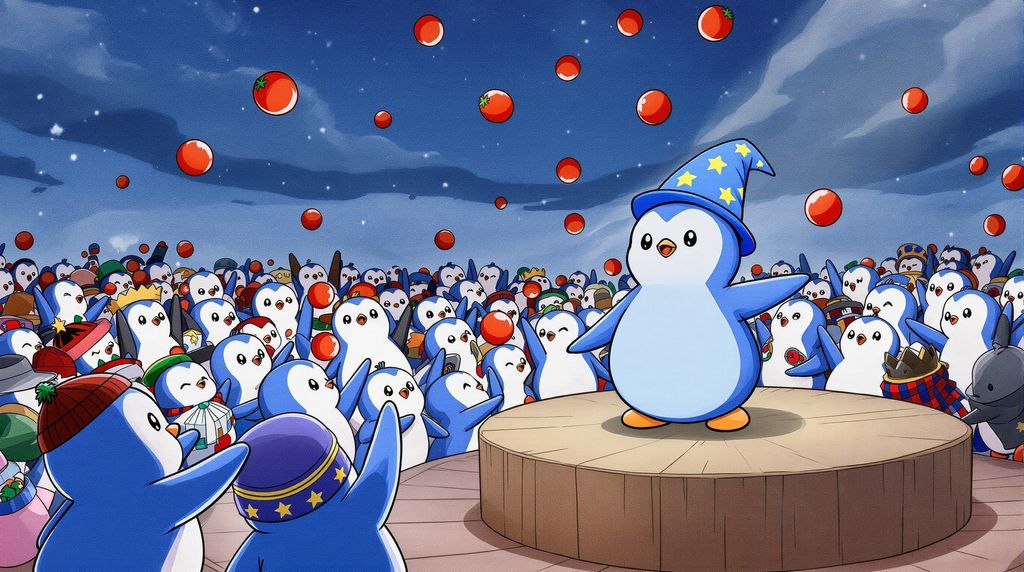 A lively scene of anthropomorphic penguins in a variety of fur colors, outfits, and headwear—including hats, beanies, and crowns—gathered in a crowd. They are animatedly throwing tomatoes at a dark grey penguin standing on a wooden stage. This penguin wears a baby blue shirt and a blue wizard hat adorned with golden stars. The stage is slightly elevated, with a backdrop of a snowy landscape under a twilight sky. Some penguins in the crowd are laughing, while others have serious or mischievous expressions. The tomatoes