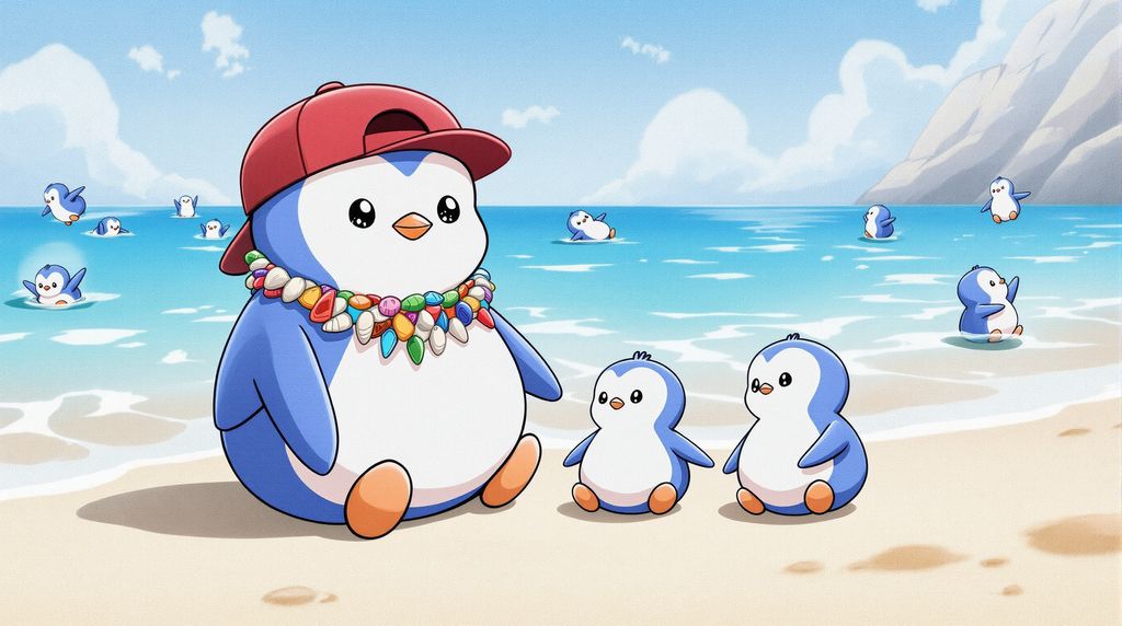 a penguin with red cap worn backwards and a tribal necklace spending time with his family