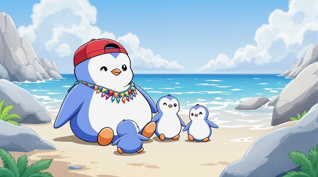 Prompt: a penguin with backwards red cap and a tribal necklace spending time with his family