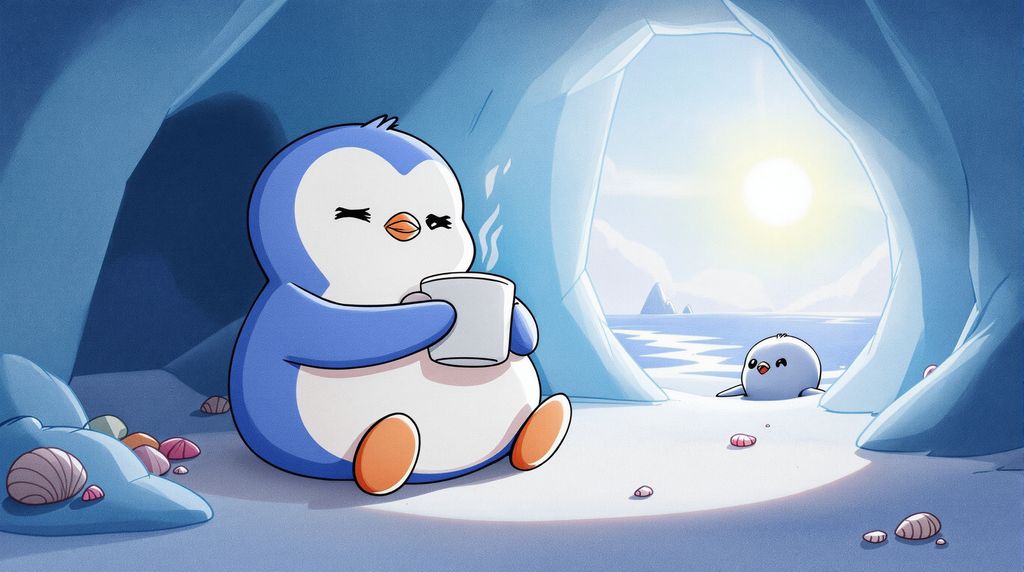 penguin waking up in the morning with coffee