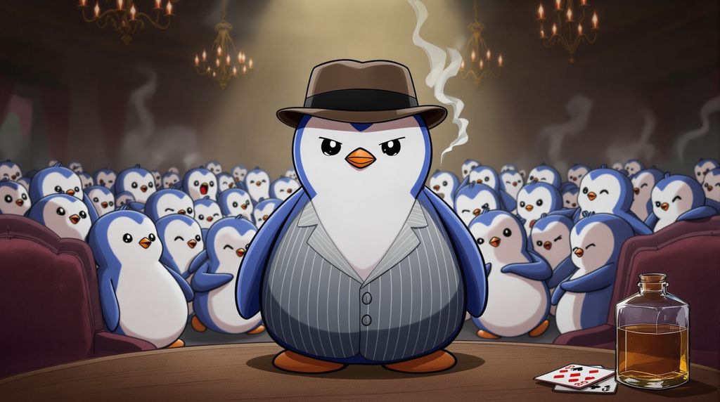 a determined penguin dressed like an old 1940s mafia gangster, with the entire pengpal mafia behind him