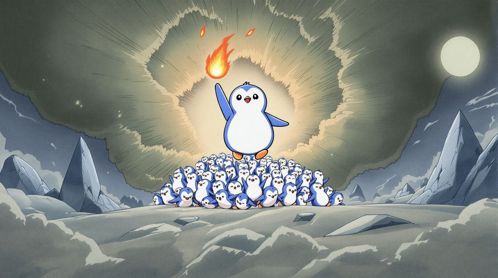 an enthusiastic penguin carries a torch and breaks through a greenish brown cloud while thousands of disgusted penguins follow