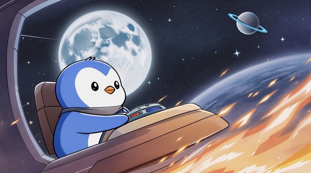 a penguin speeding towards the moon in a spaceship