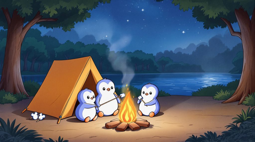 a light pink penguin in color camping at Disney’s fort wilderness with whole family
