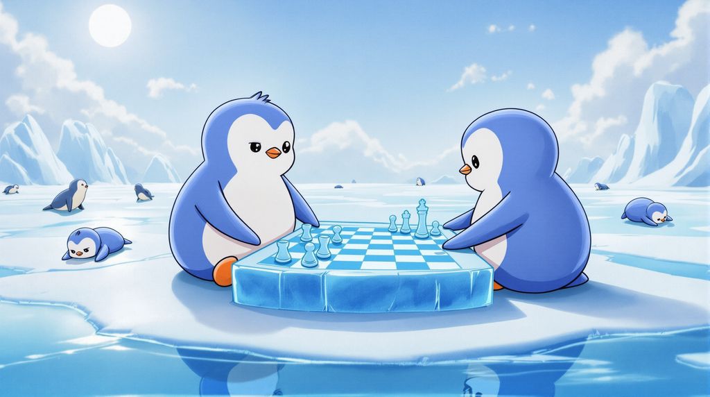 2 blue penguins playing chess.