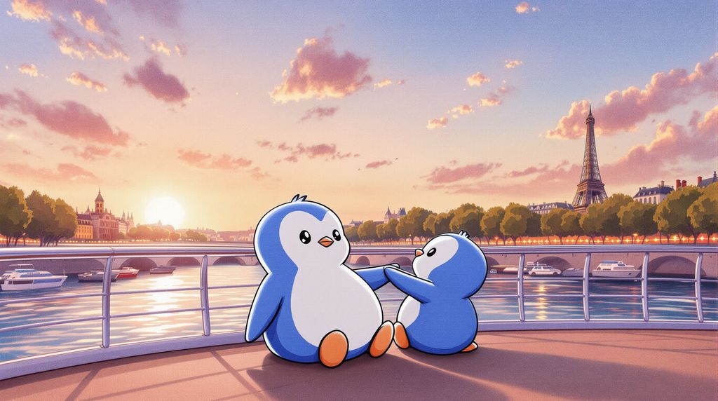 pengu relaxing on a river boat in Paris at sunset with polly his girlfriend