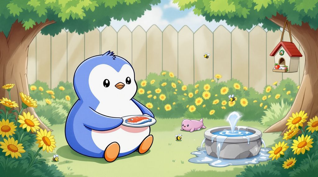 pengu eating his breakfast in his garden