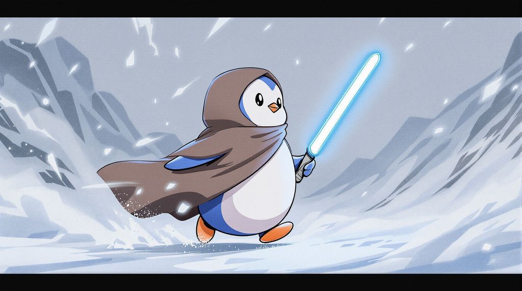 penguin wearing a brown hooded robe with a light saber in one hand walking through snow storm.