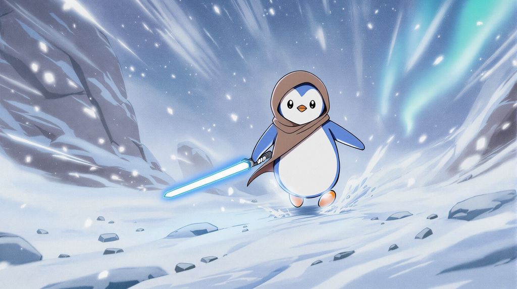 penguin wearing a brown hooded robe with a light saber in one hand walking through snow storm.