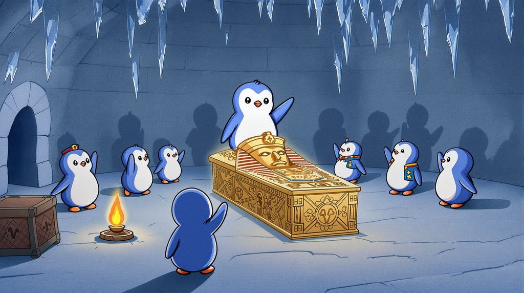 in the middle of the picture is a very nice, gold, pharao-like penguin coffin and around it there are penguins saluting and they are in an igloo