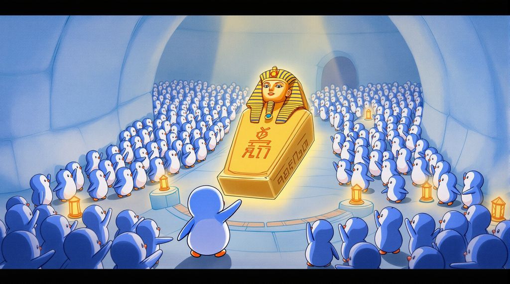in the middle of the picture is a veri nice, big, gold, pharao coffin and around it there are lot of penguins saluting and they are in an igloo