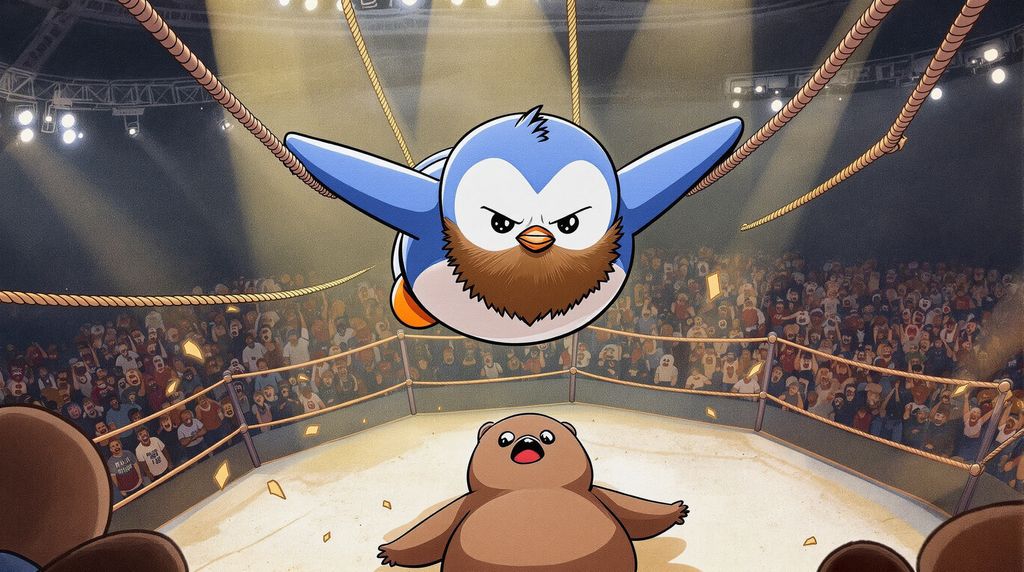 A Pov of wrestler Pudgy with a beard divebombing off the tightropes onto a bear