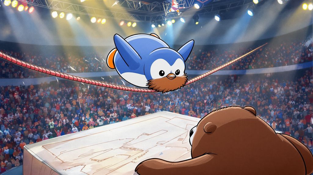 A wrestler Pudgy with a beard divebombing off the tightropes onto a bear