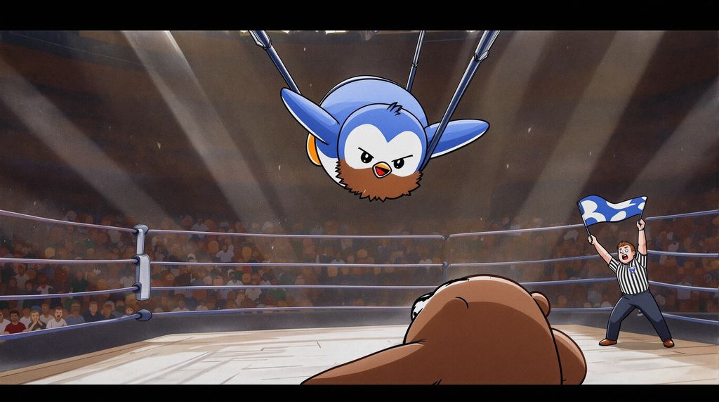 A wrestler Pudgy with a beard divebombing off the tightropes onto a bear in a wrestling ring