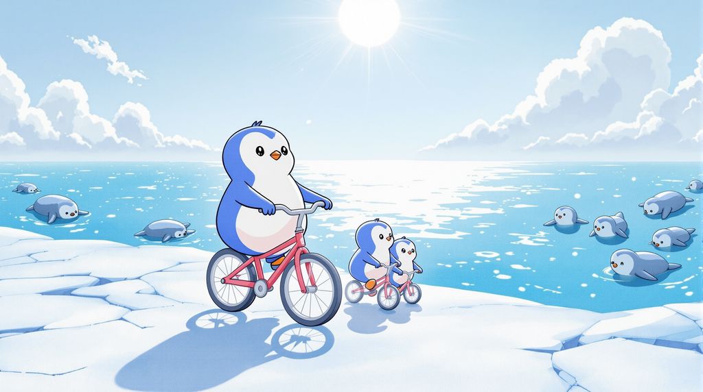 A mother penguin riding her bicycle along side her 3 little penguins on their bicycles .