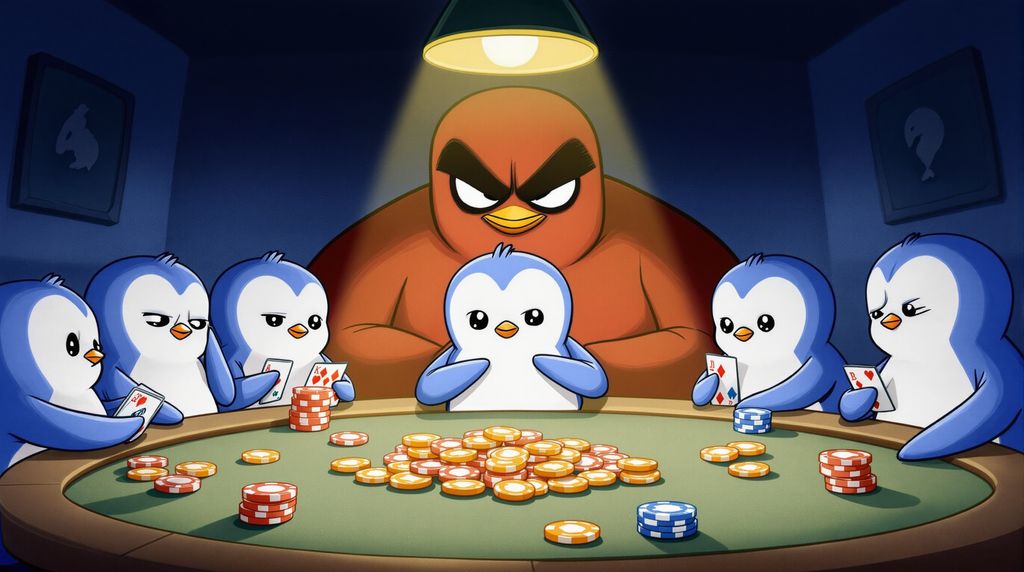 a group of penguins anxiously being forced to play high stakes poker by a red penguin with large eyebrows