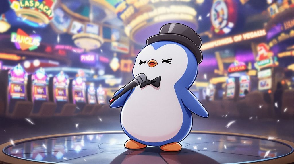 a pudgy penguin singing in a Las Vegas Casino like Frank Sinatra