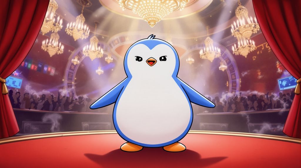 a pudgy penguin naked front facing singing in a vegas casino like Frank Sinatra