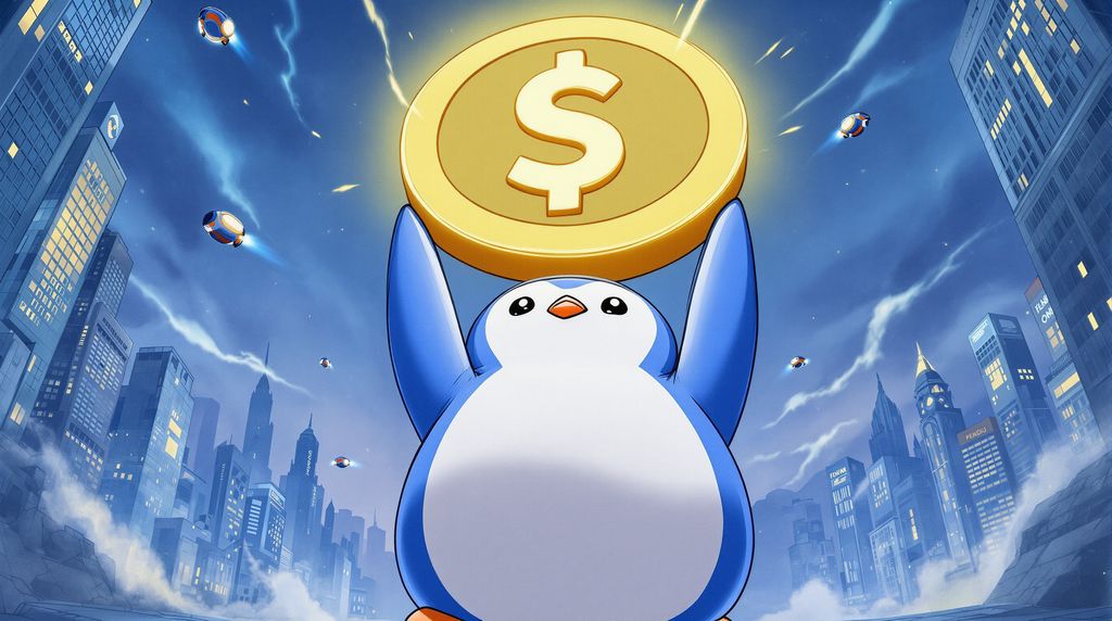 have a giant Pengu carrying an even bigger $PENGU token over his head