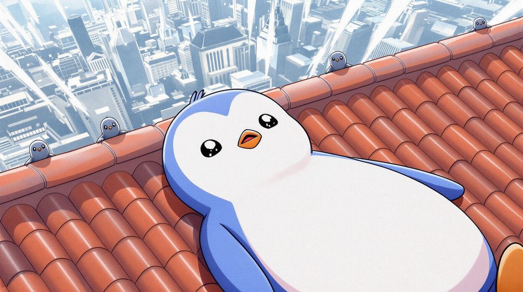 penguin laying on a roof top, frog view