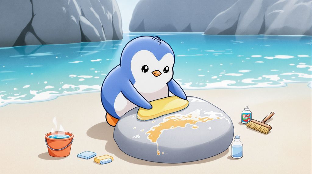 a pudgy penguin cleaning with a scrub daddy sponge