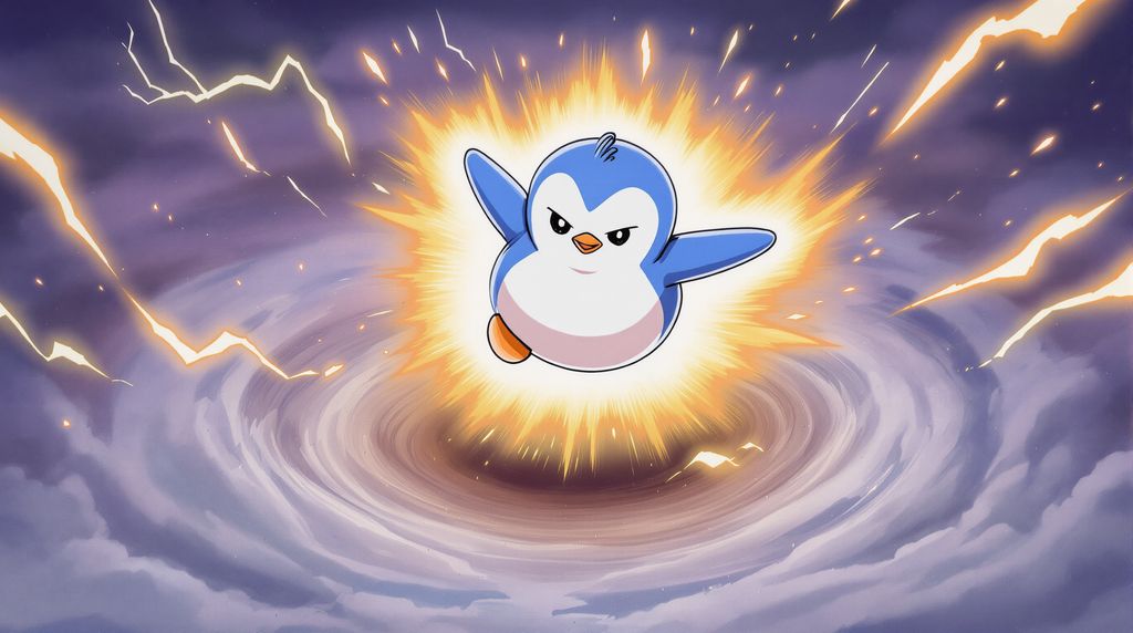 penguin super saiyan floating in the air fighting pose