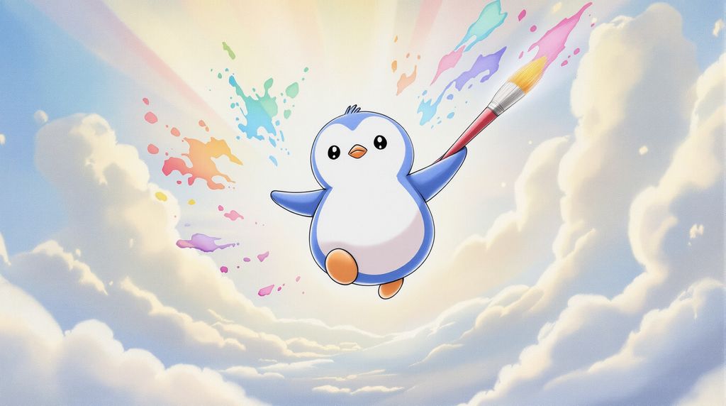 penguin holding a giant brush, floating in the air between clouds..
Radian color splash elements swirling around the penguin.
