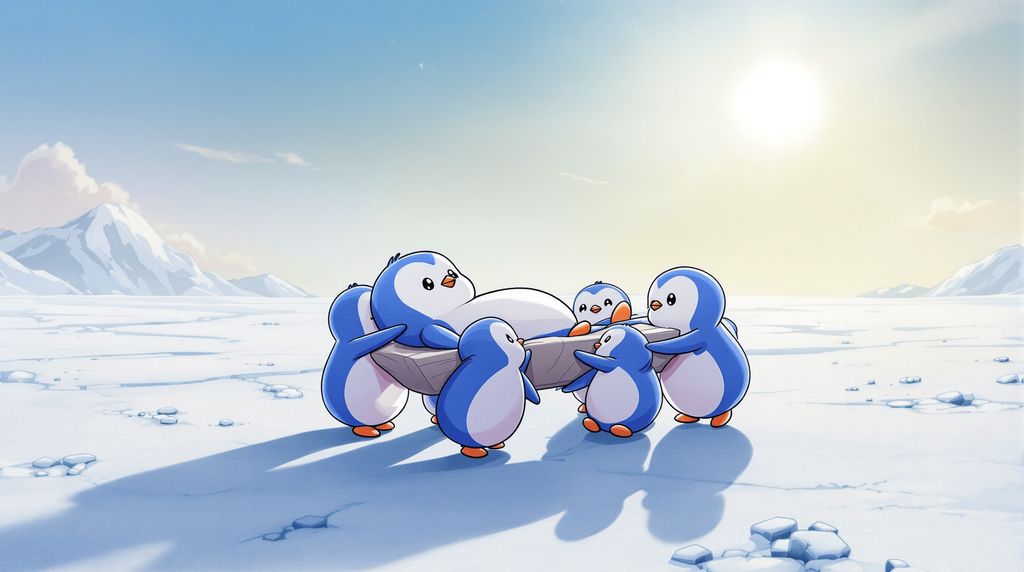 eight penguins carry one penguin.