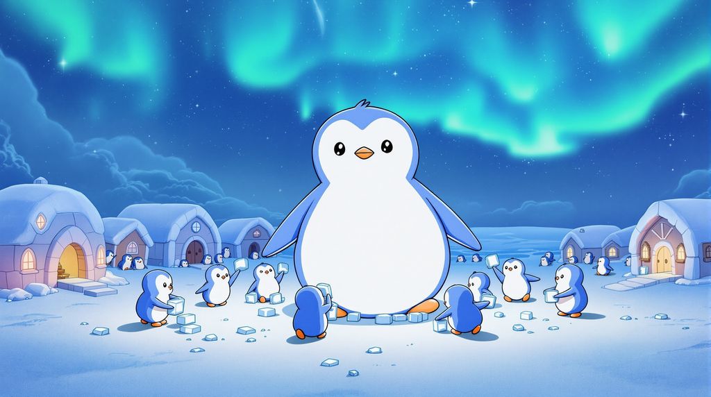 eight penguins build a penguin sculpture in a village as their village mascot