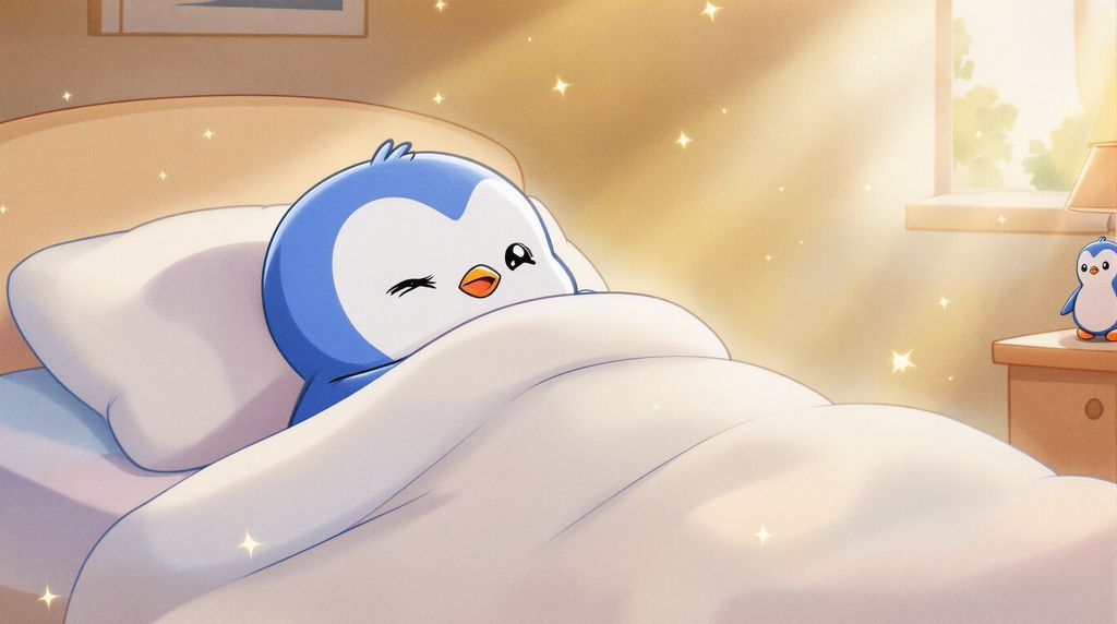 a penguin waking up in the morning in the bed. in the background there is beautiful sunshine. the penguin feels very cozy in the bed and it hugs a $PENGU coin.