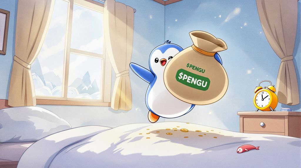 pudgy springing out of bed in the morning with his big bag of $PENGU in hand ready for big day