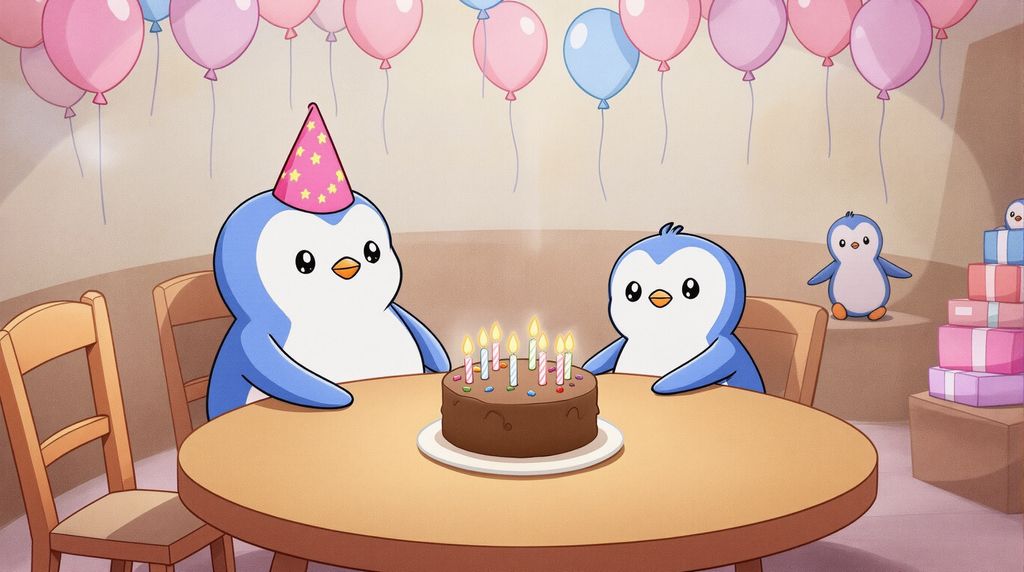pink-coloured pengu sitting at a round table with three other pengu friends in a warmly lit dining room celebrating its birthday. On the table is a plain chocolate cake, topped with sprinkles and nine birthday candles. The pengu is also wearing a party hat. In the background are some party balloons and some small presents