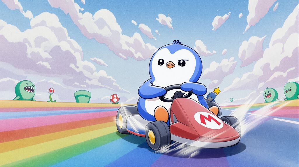 a pudgy penguin on a mario go kart