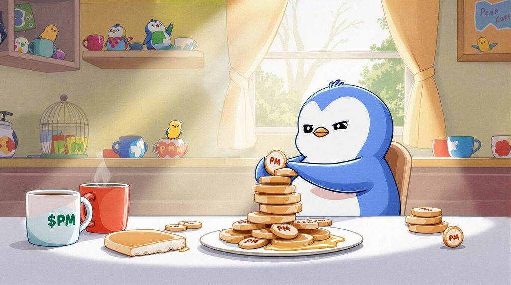 Penguin saying PM while stacking $PENGU token in a breakfast setting