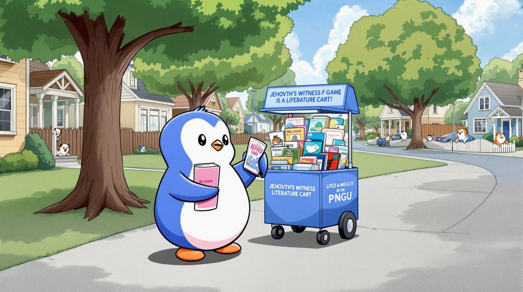PEnguin as Jehova Witness preaching with the JW stand /Cart