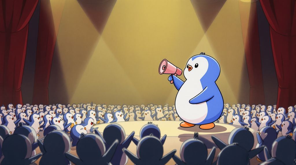 a penguin standing on a stage with a megaphone shouting something. The crowd is full of penguins facing the penguin on stage.