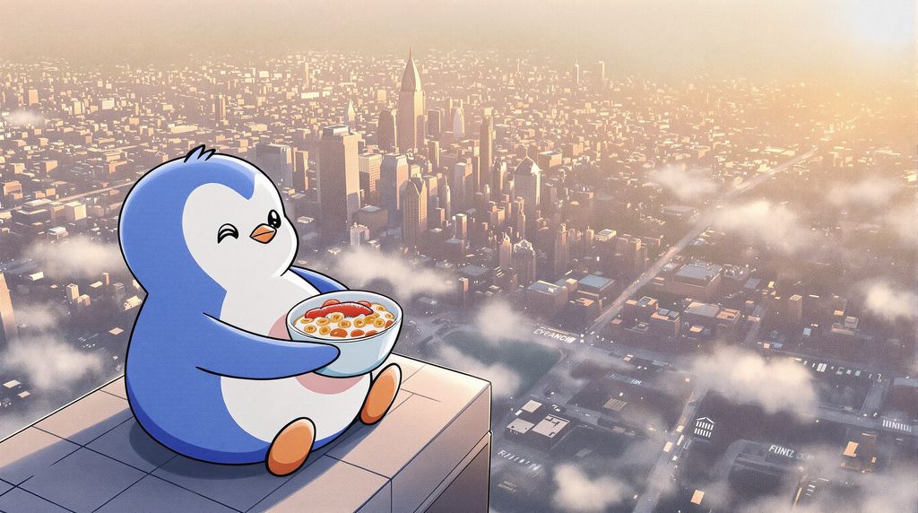 penguin eating breakfast of the champion while looking over the city