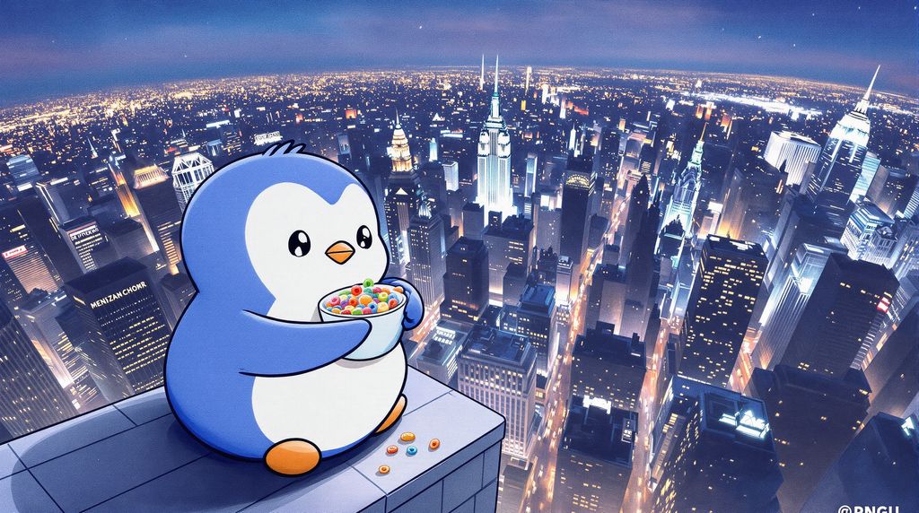 penguin eating ceralwhile looking over the city from new york