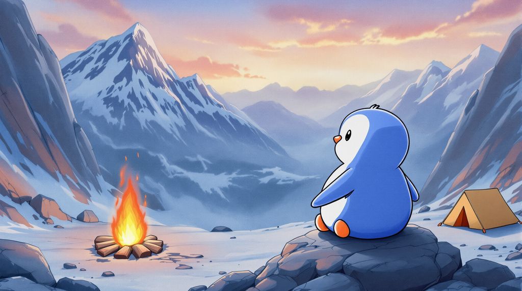 penguin camping looking at the sun as its rising