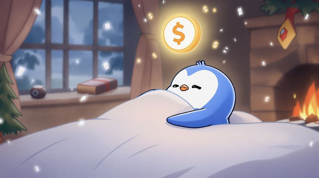 Penguin drifting to sleep in a comfy bed dreaming of the $PENGU token