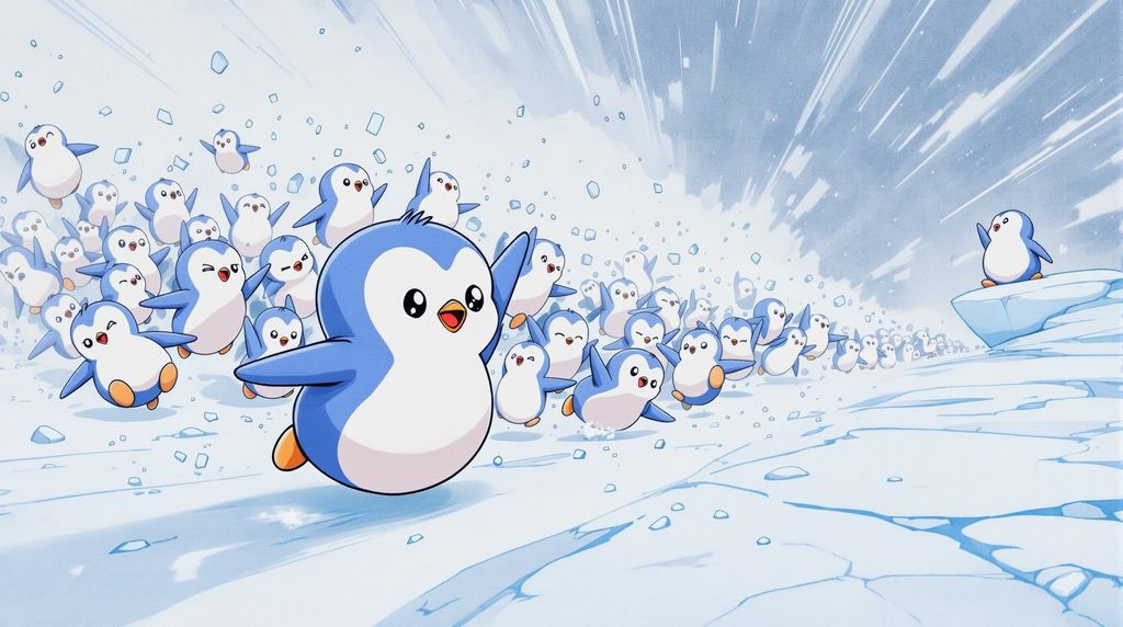 create a hilarious image of a group of penguins running around in a panic