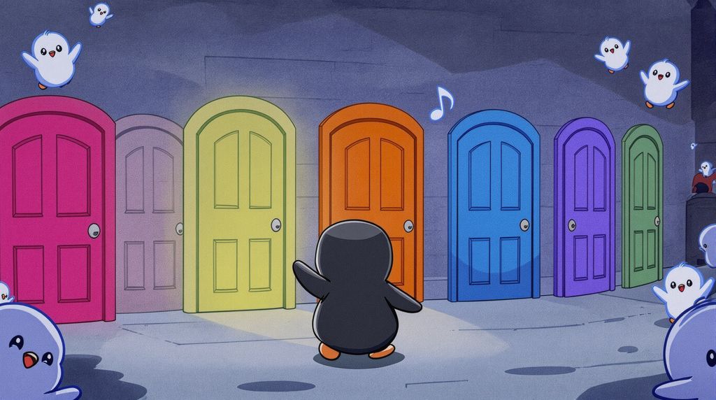 make me a "grim reaper knocking door" meme template with 6 doors but replace the grim reaper with Pengu