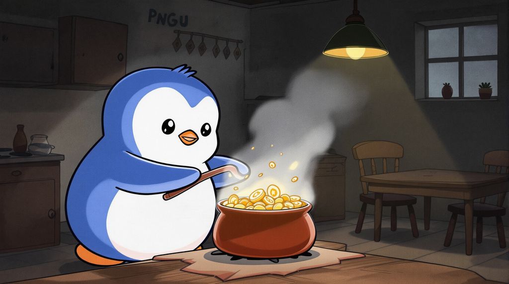 Show a penguin stirring a pot on the stove with coins in the pot.
