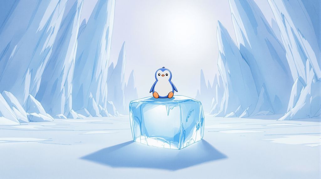 penguin in ice cube, sitting in a fully frozen world